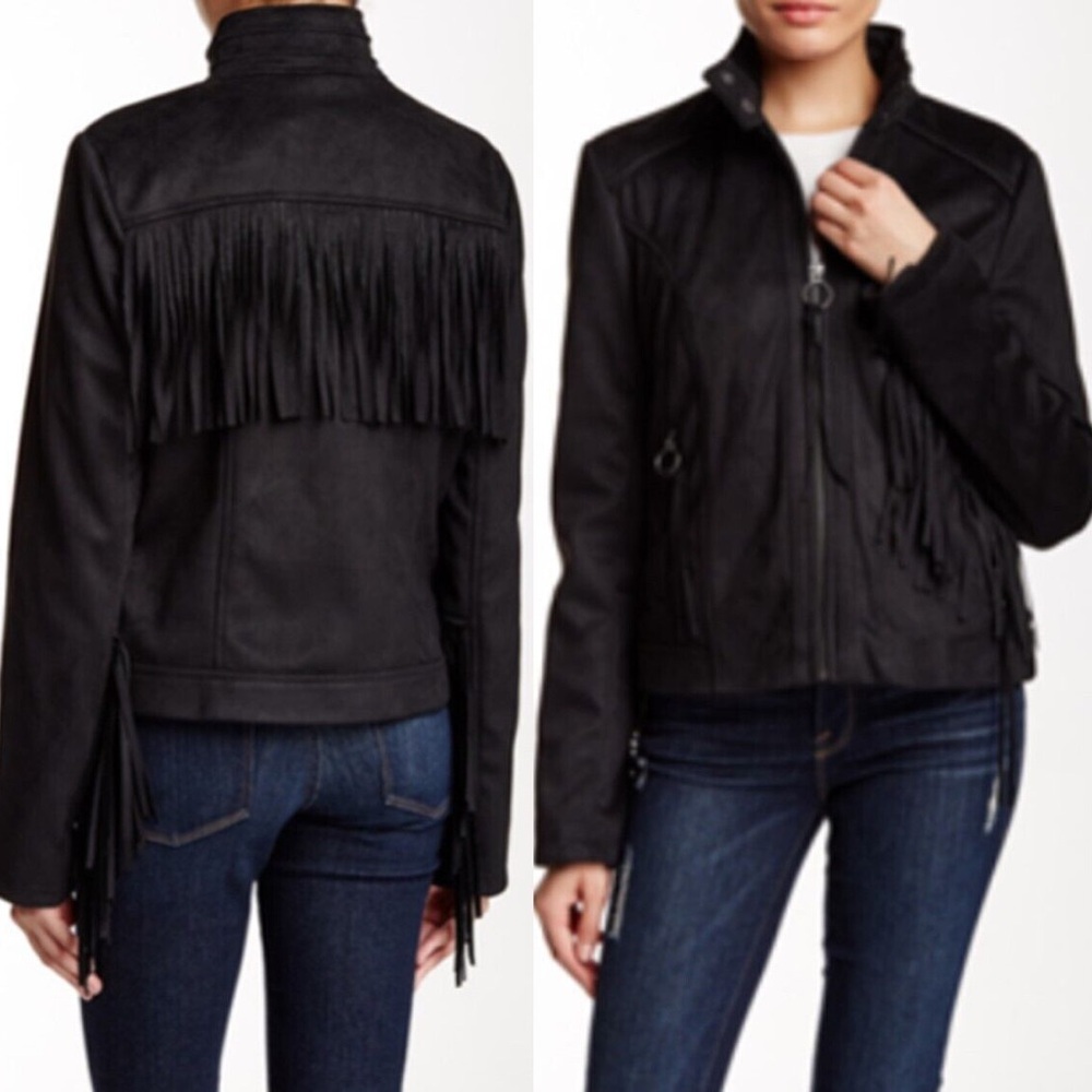 RACHEL Rachel Roy Black Faux Suede Leather Fringe Cowgirl Country Star Jacket
